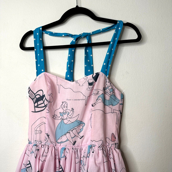 Cute Alice In Wonderland Print Pink & Blue Flowy Halter Top Apron Dress Zip SM - Picture 2 of 11